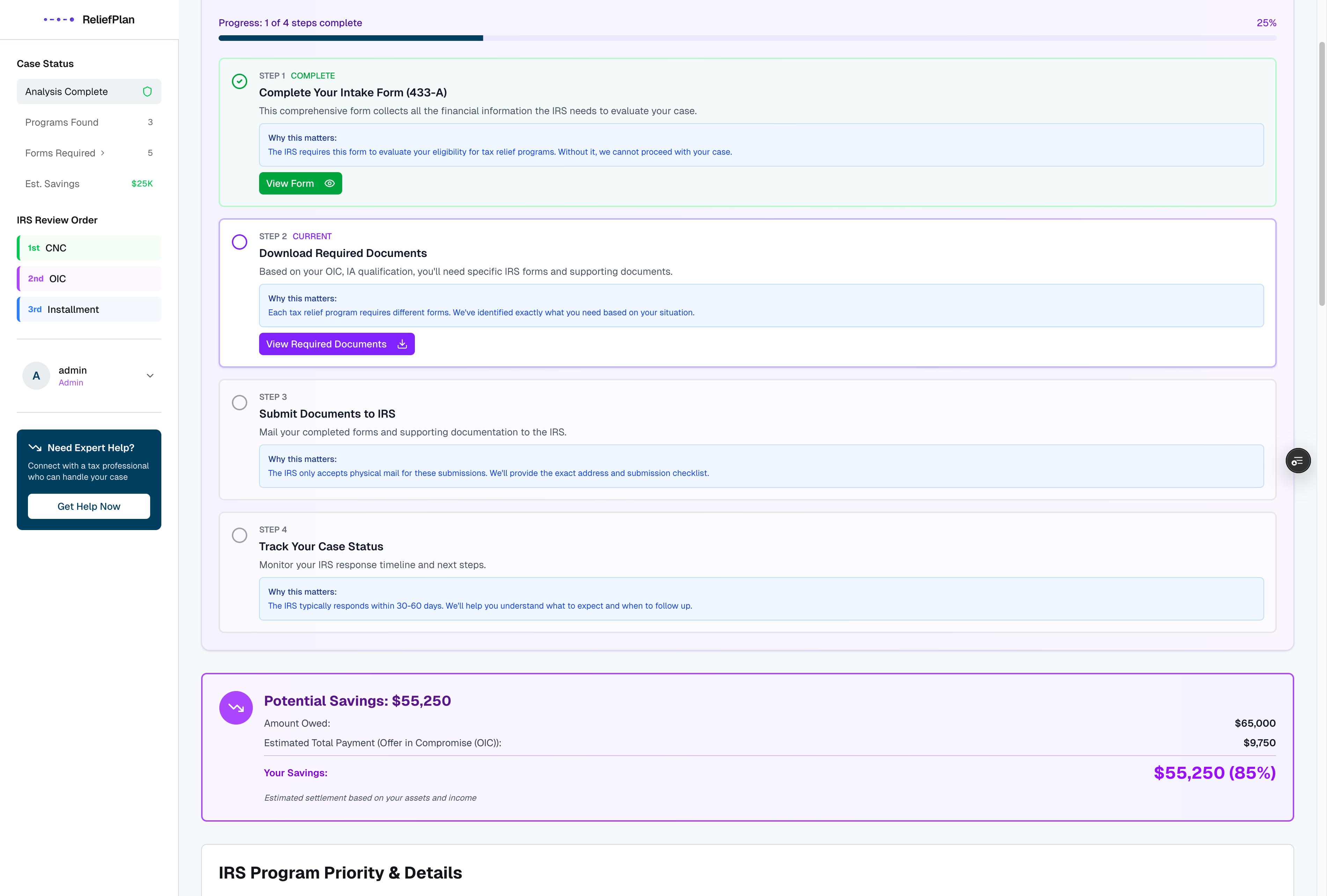 FreshRelief Dashboard with 4-Step Onboarding Process